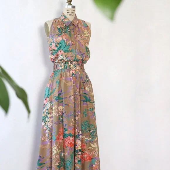 Vintage 1980s/1990s Tan Tropical Floral Belted Midi Dress Small/Medium - Picture 2 of 8